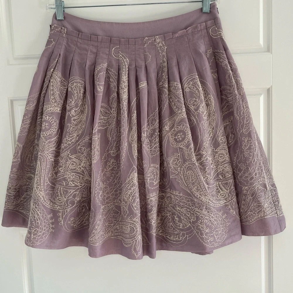 Talbots Lavender Paisley Embroidered Pleated Cotton Lined Full Skirt Size 8P